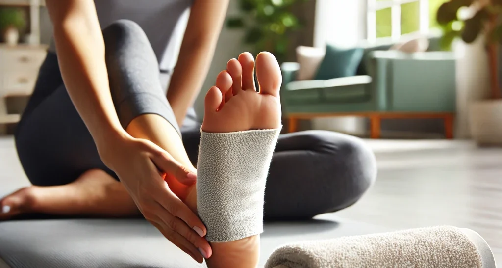 Une personne assise sur un tapis de yoga, utilisant une serviette pour étirer son pied, un exercice recommandé pour soulager la douleur liée à l’épine calcanéenne.