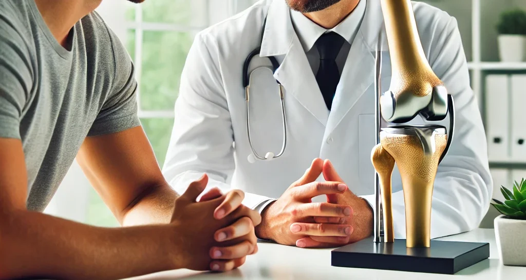 Un chirurgien orthopédiste souriant discute avec un patient dans une salle de consultation lumineuse, avec un modèle anatomique du genou et une prothèse totale du genou exposés sur la table.