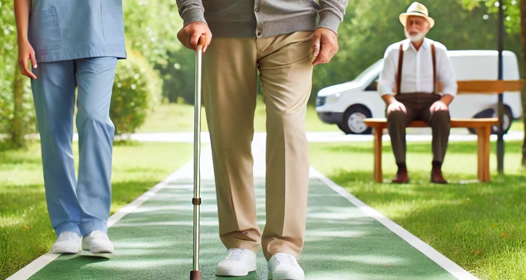 Une personne âgée marche avec confiance dans un parc, utilisant une canne légère, accompagnée par un physiothérapeute qui l’encourage. Cette scène illustre la mobilité retrouvée après une prothèse totale du genou.