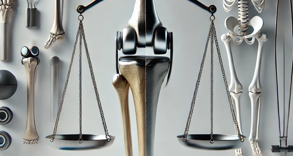 Une image divisée montrant deux options : une prothèse totale du genou en métal et plastique à gauche, et des équipements de physiothérapie comme des bandes élastiques et des poids à droite, avec une balance symbolisant le choix entre les deux.