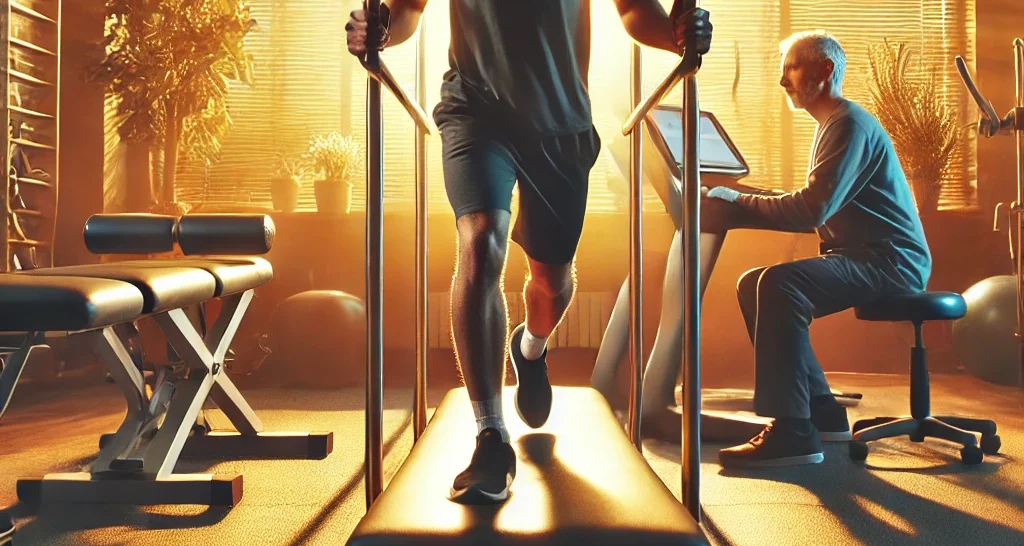 Un patient effectue des exercices légers dans une salle de rééducation sous la supervision d’un kinésithérapeute. La pièce est équipée de barres parallèles et d’un tapis roulant, illustrant la rééducation après une prothèse totale du genou.