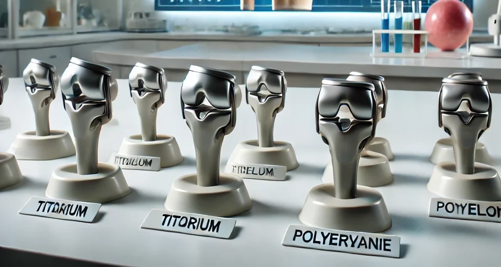 Une table de laboratoire présentant plusieurs modèles de prothèses totales du genou, étiquetés avec des matériaux comme « Titane » et « Polyéthylène ». En arrière-plan, un écran affiche une coupe anatomique d’un genou humain avec des annotations sur les composants.