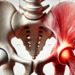 Un schéma anatomique en couleur montrant l'articulation de la hanche et les tendons environnants, avec des zones en rouge pour indiquer l'inflammation causée par la tendinite de la hanche. Les parties clés, comme le tendon de l'ilio-psoas, le fémur et l'acétabulum, sont clairement identifiées avec des légendes.
