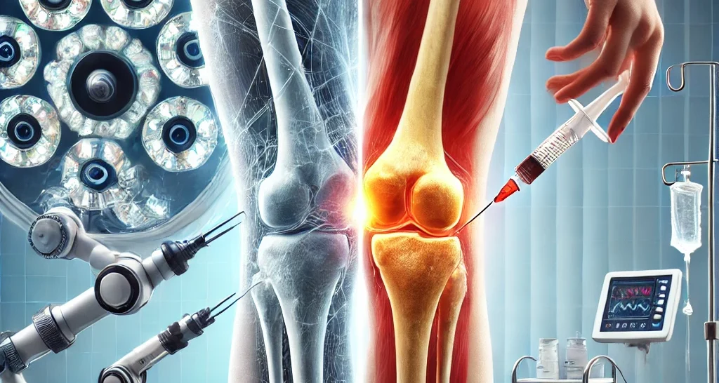 Une composition visuelle divisée en deux parties : à gauche, un genou accompagné d’outils chirurgicaux modernes tels que l’arthroscopie et la robotique, et à droite, un patient recevant un traitement non invasif, comme une injection d’acide hyaluronique, illustrant les différentes options de traitement de l’arthrose du genou.