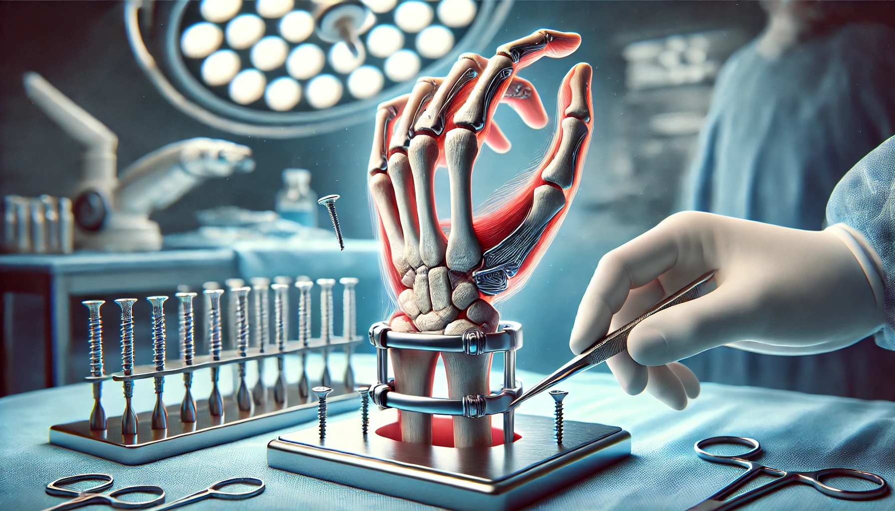 Vue chirurgicale d’une arthrodèse du poignet avec une plaque métallique fixée par des vis.