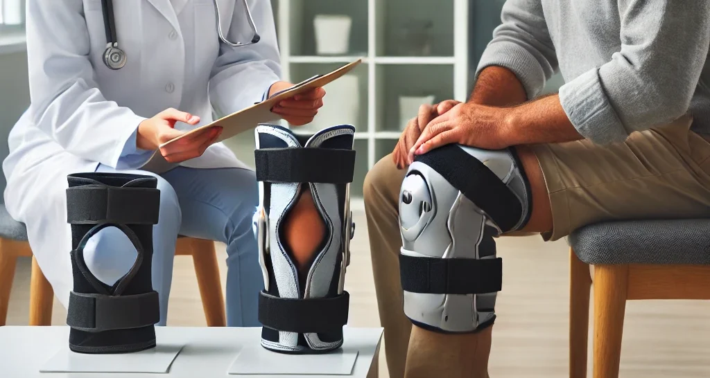 Un professionnel de santé expliquant les choix de genouillères pour arthrose du genou à une patiente.