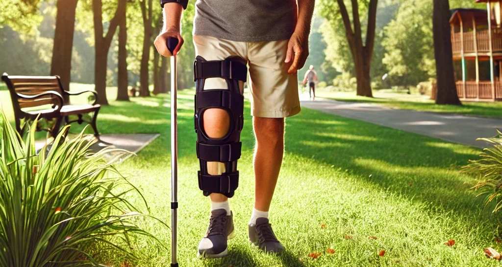 Une personne âgée marche dans un parc.