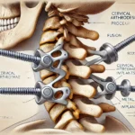 Schéma illustrant la procédure d'arthrodèse cervicale montrant la fusion de vertèbres cervicales.