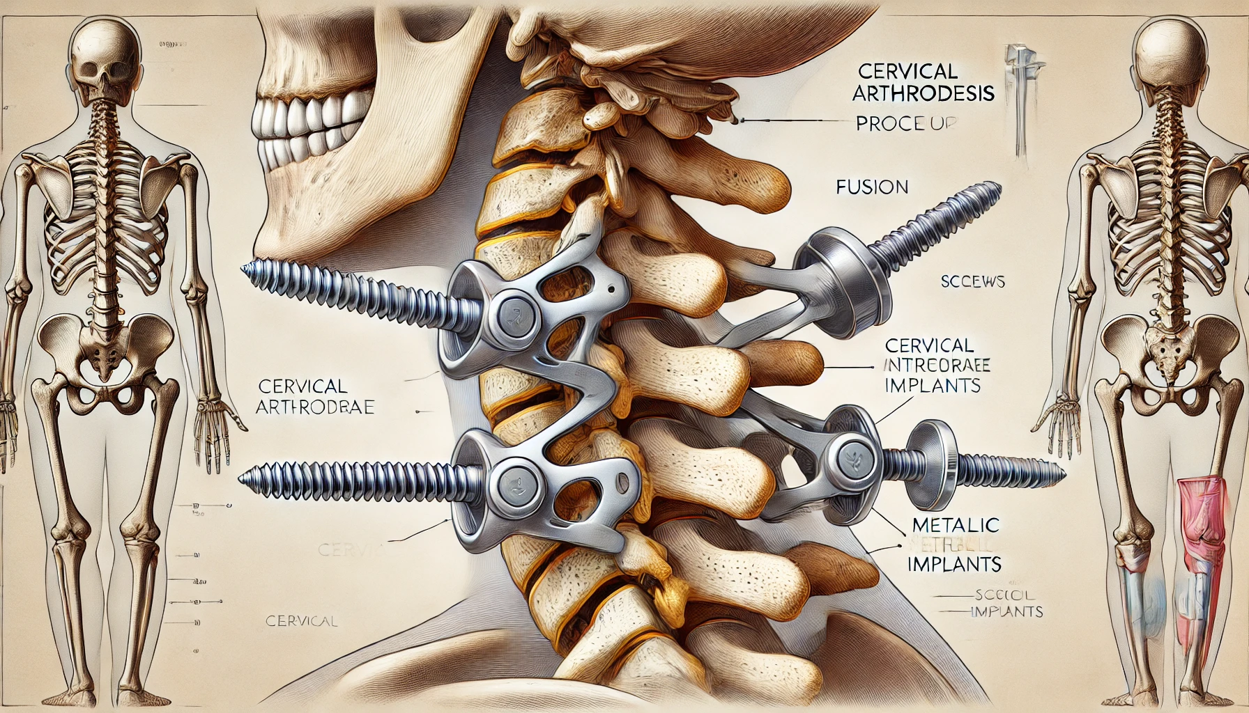 Schéma illustrant la procédure d'arthrodèse cervicale montrant la fusion de vertèbres cervicales.