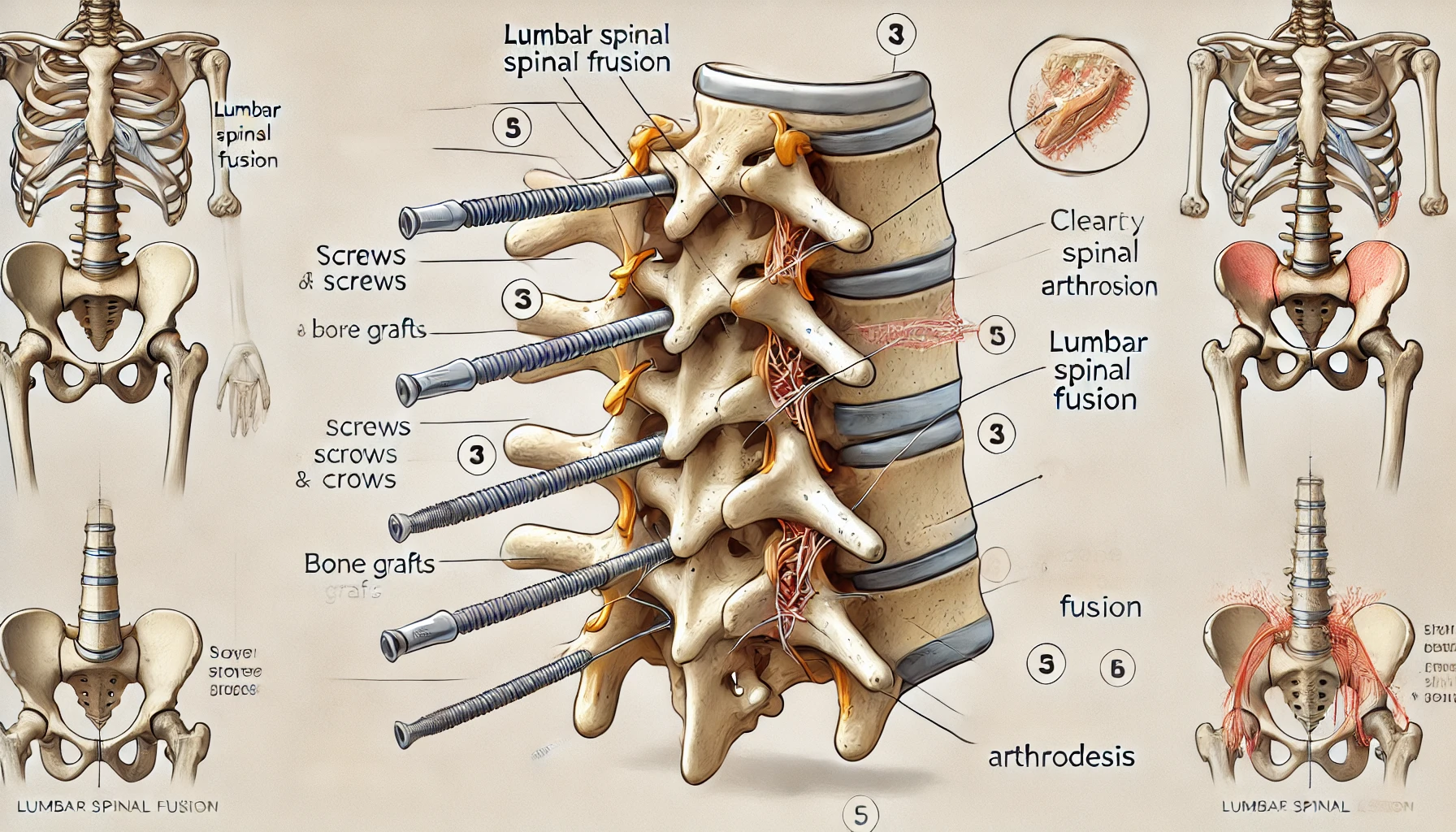 Schéma montrant le processus de fusion des vertèbres lombaires lors de l'arthrodèse lombaire. | Le Traumato