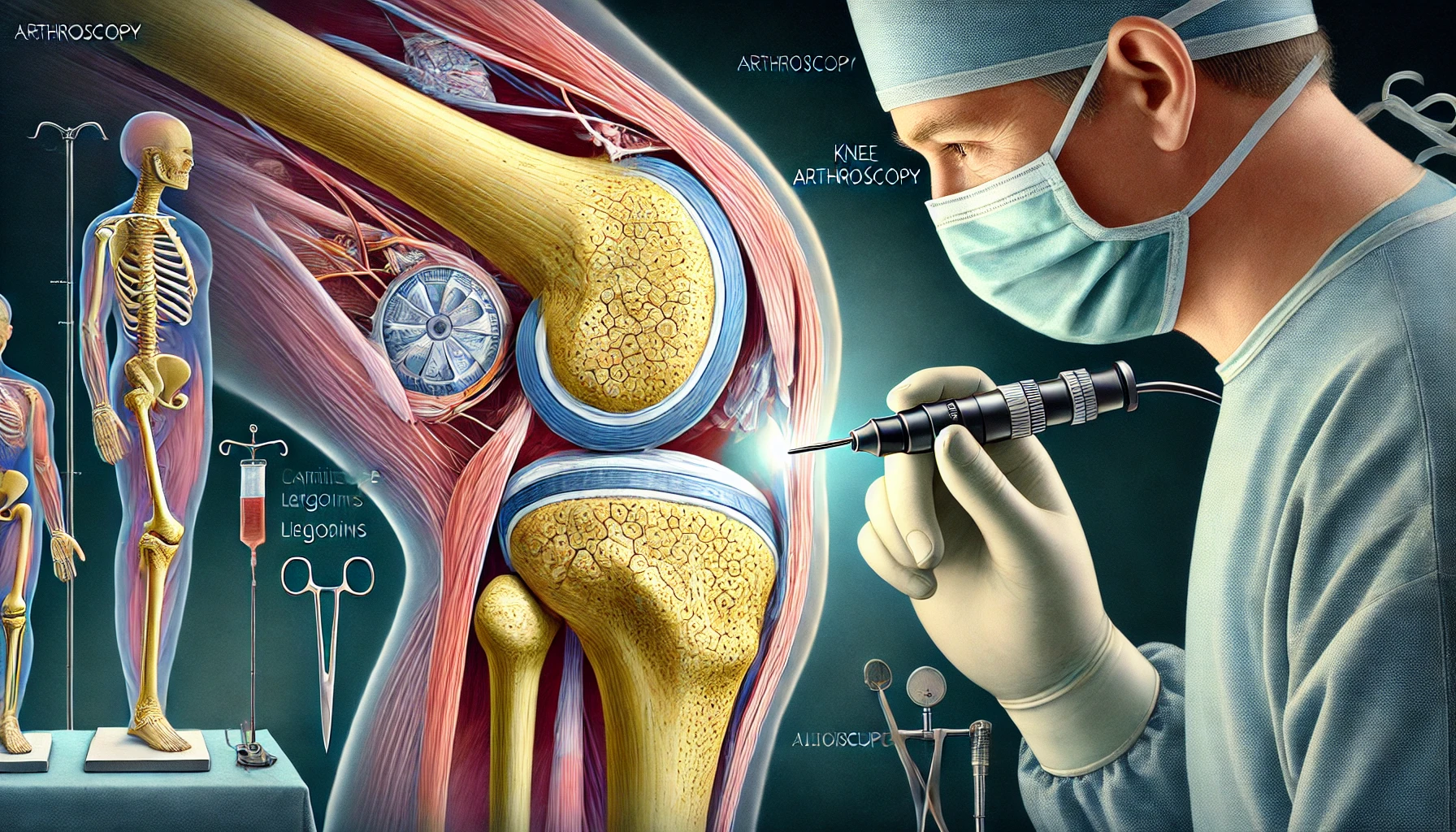 Vue schématique d'un chirurgien pratiquant une arthroscopie du genou pour diagnostiquer et traiter des blessures au genou.