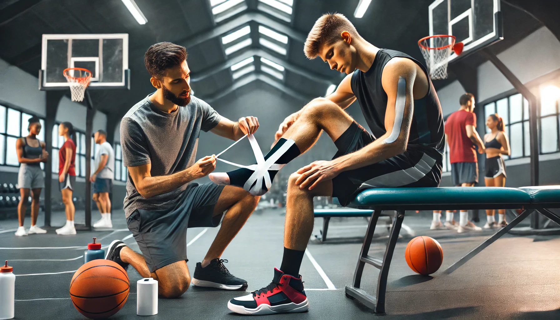 Professionnel appliquant du ruban de kinésiologie pour prévenir les blessures à la cheville dans une salle de sport | Le Traumato