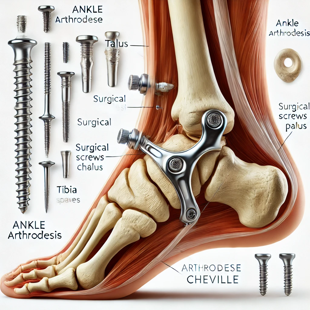 Illustration médicale d’une arthrodèse cheville avec vis | Le Traumato