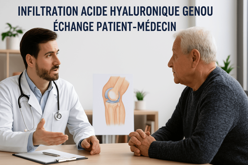 Médecin expliquant le traitement par infiltration d’acide hyaluronique au genou à un patient senior.