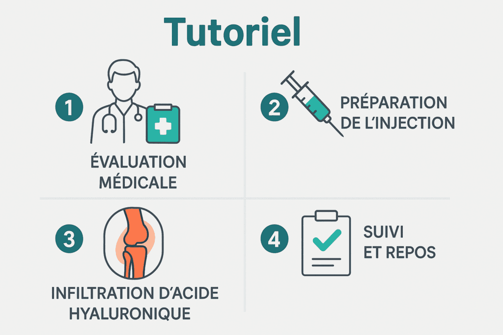 Infographie tutoriel sur l’infiltration d’acide hyaluronique au genou en 4 étapes.