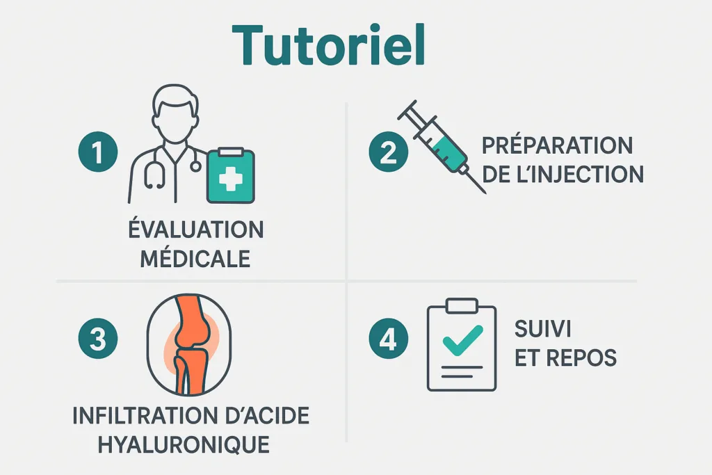 Infographie tutoriel sur l’infiltration d’acide hyaluronique au genou en 4 étapes.