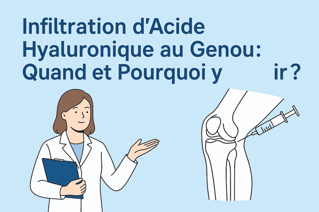 Médecin expliquant une infiltration d’acide hyaluronique au genou à un patient.