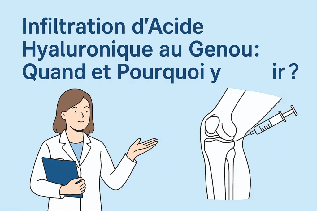 Médecin expliquant une infiltration d’acide hyaluronique au genou à un patient.