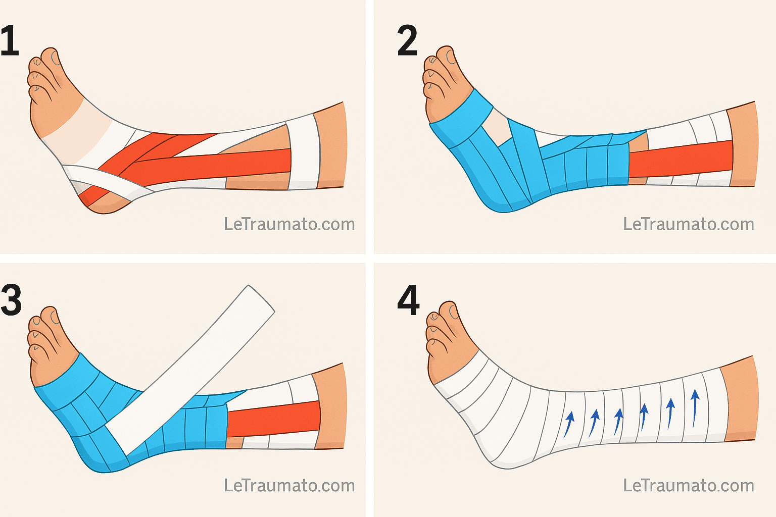 Illustration en 4 étapes montrant la technique de strapping pour entorse de cheville. Chaque image détaille visuellement la progression du bandage avec des bandes de contention croisées, bleues et blanches, jusqu’à la couverture complète. Schéma clair, pédagogique, avec flèches directionnelles sur la dernière étape. Idéal pour apprendre ou enseigner les bases du strapping en traumatologie.