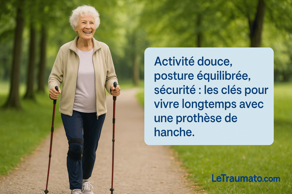 Femme senior opérée de la hanche pratiquant la marche nordique pour entretenir sa mobilité.
