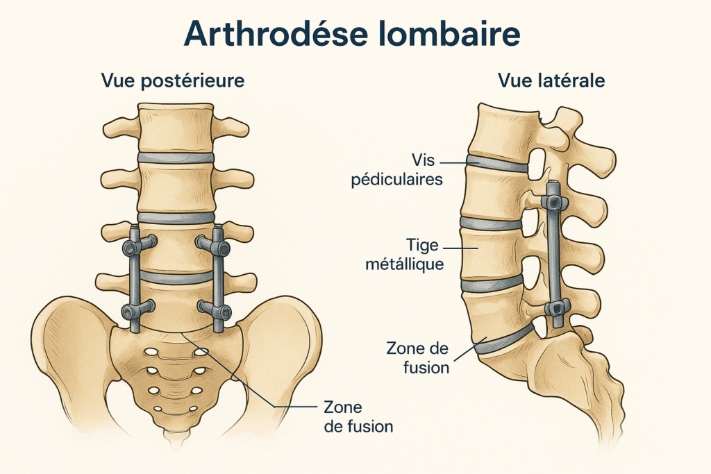 Schéma de la colonne lombaire opérée après une arthrodèse