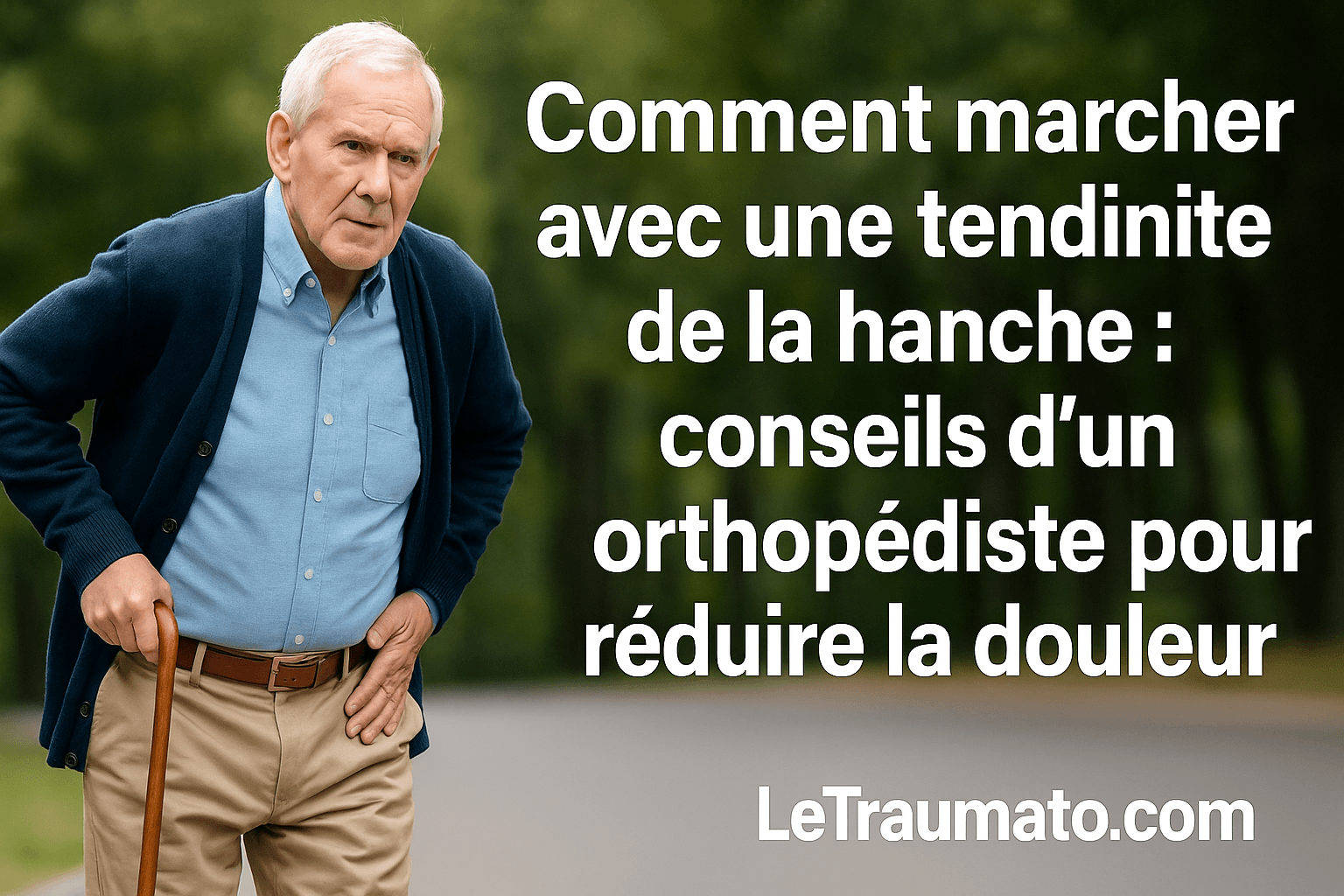Homme senior utilisant une canne pour marcher avec une tendinite de la hanche, accompagné du titre « Comment marcher avec une tendinite de la hanche » sur fond de parc, illustration d’un article Traumatologie.