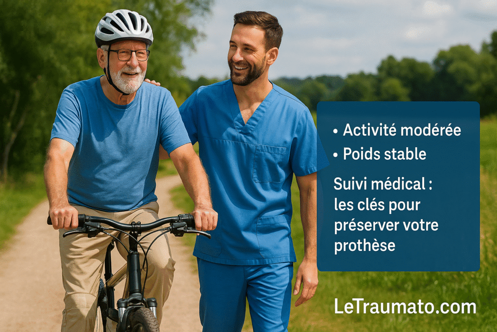 Patient avec prothèse totale du genou pratiquant du vélo encadré par un kinésithérapeute.