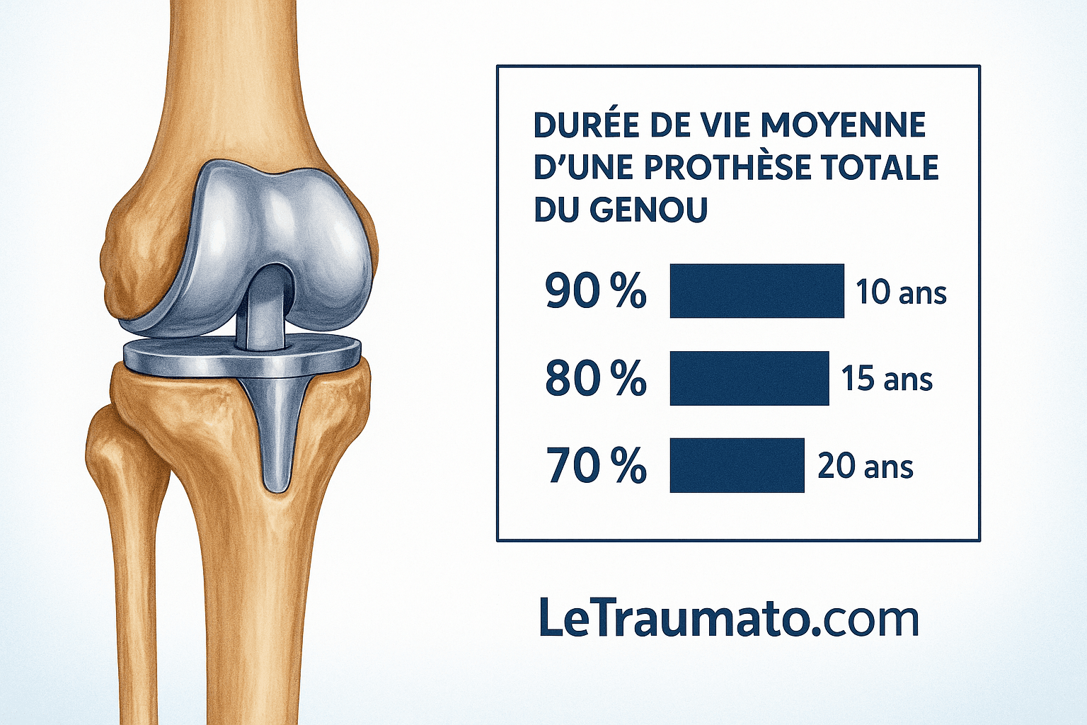 Illustration d’une prothèse totale du genou avec statistiques sur sa durée de vie moyenne.