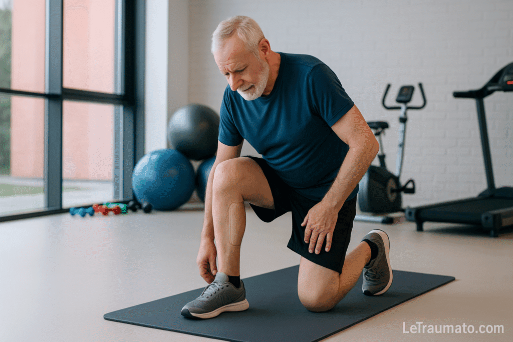 Patient tentant de se mettre à genou avec une prothèse totale.