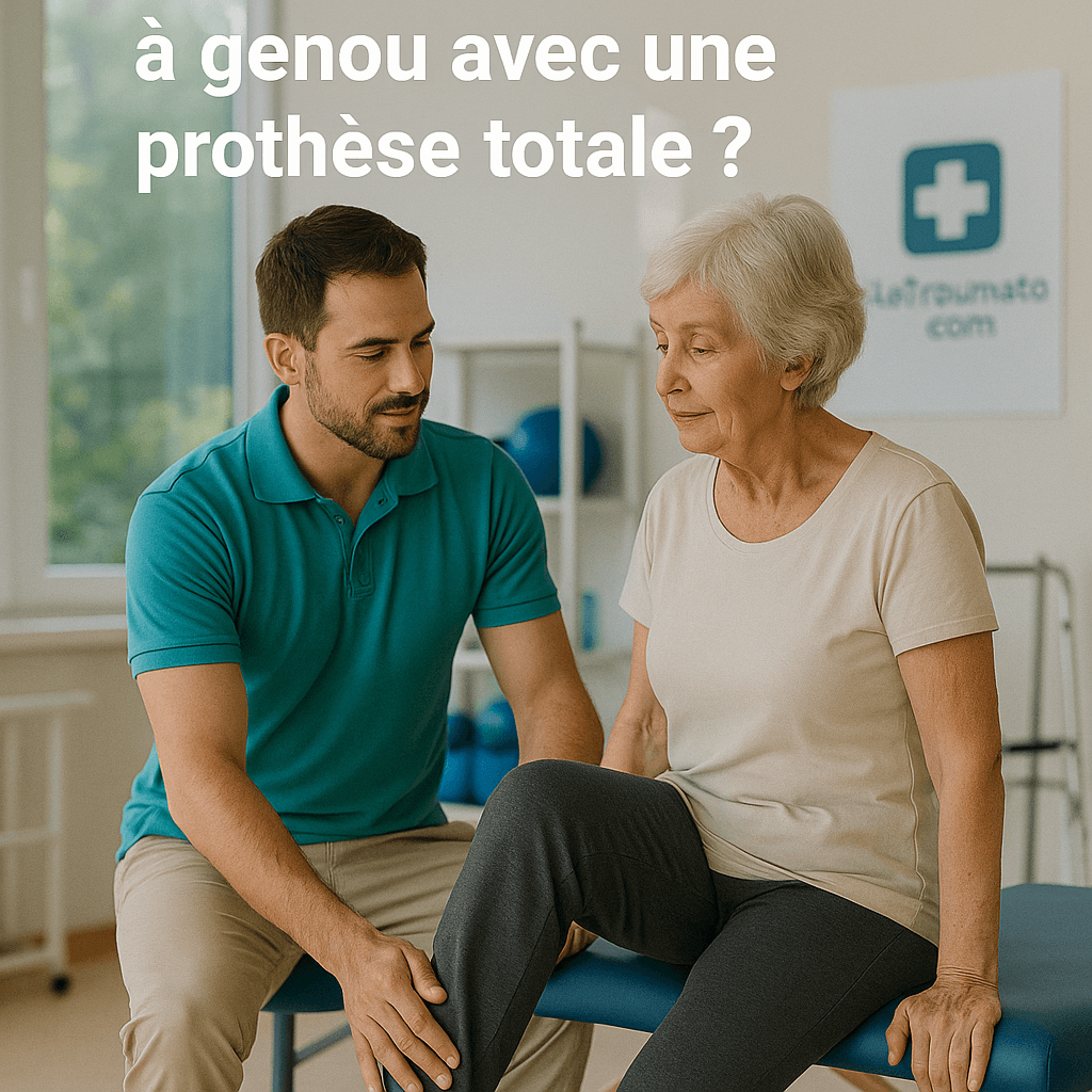 Kinésithérapeute aidant un patient après prothèse totale du genou