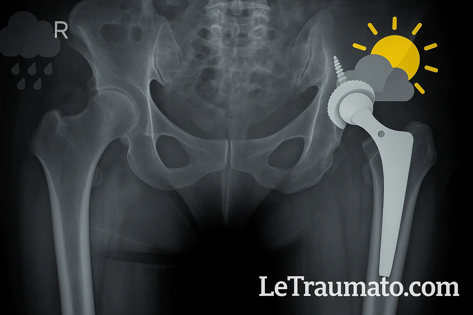 Page de résumé d’un article scientifique étudiant l’effet de l’arthroplastie totale de hanche sur les douleurs météorologiques.