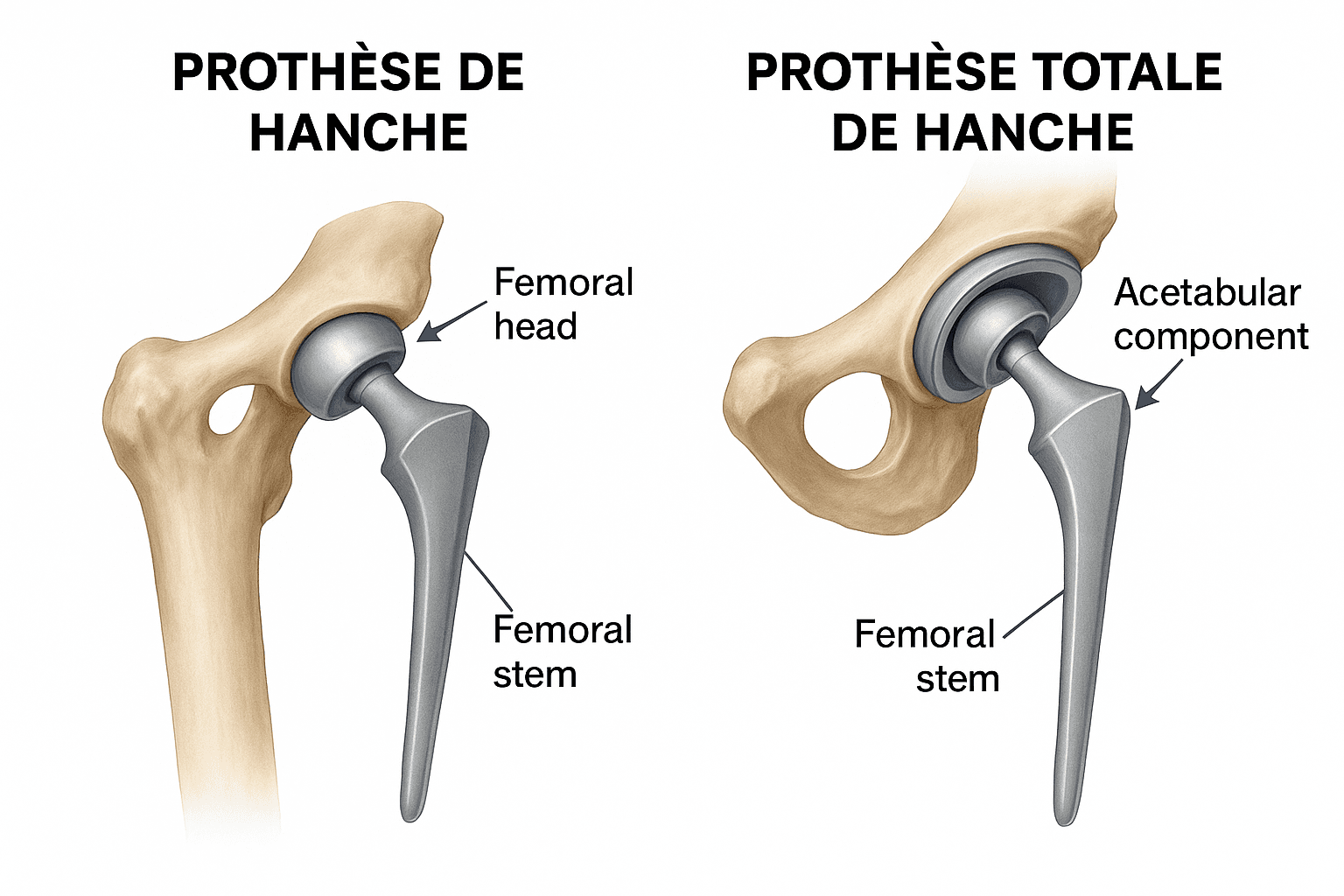 Comparaison visuelle entre prothèse de hanche partielle et totale