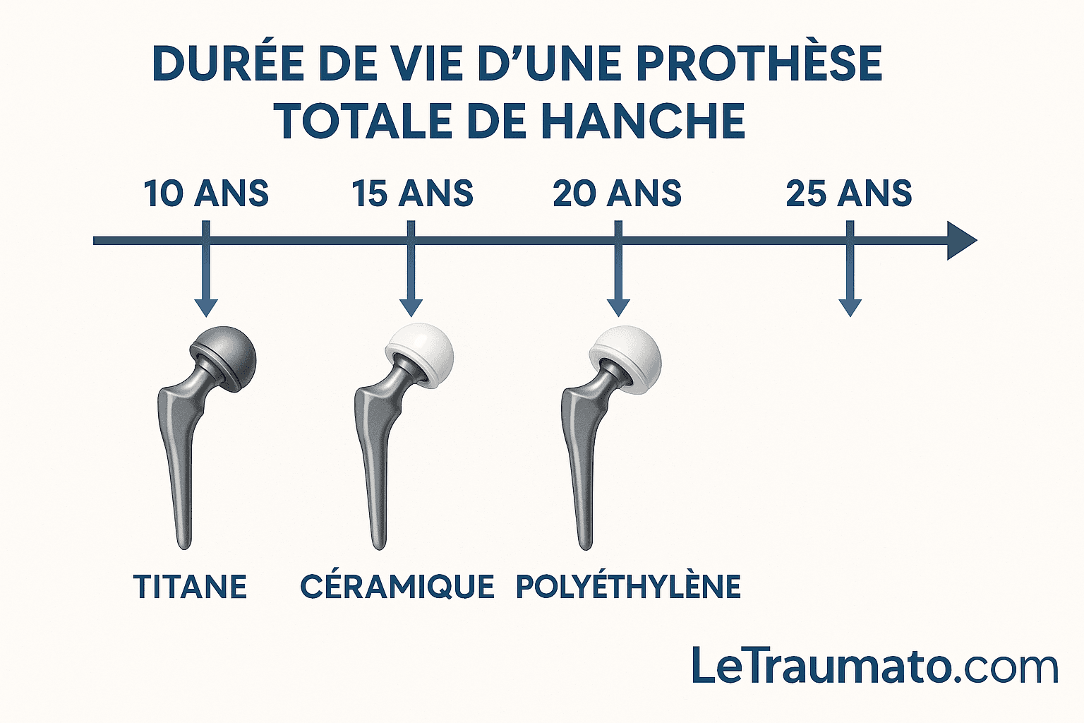 Durée de vie moyenne d'une prothèse totale de hanche selon les matériaux