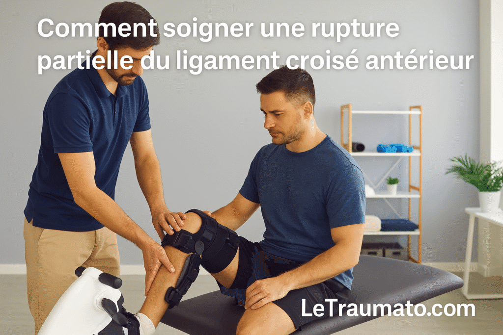 Kinésithérapeute aidant un patient avec attelle à soigner une rupture partielle du ligament croisé antérieur – LeTraumato.com.