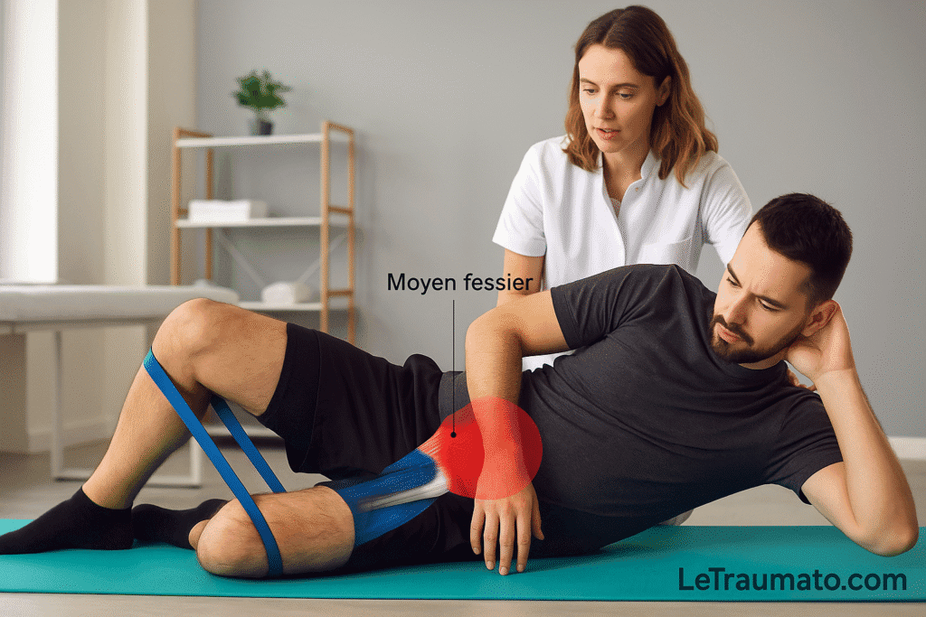Exercice de rééducation pour tendinite du moyen fessier supervisé par un kinésithérapeute – LeTraumato.com orthopédie