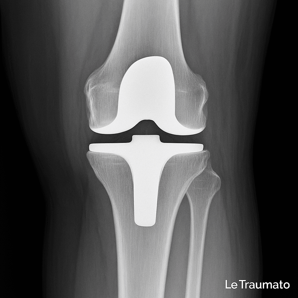 Radiographie d’un genou après remplacement total avec prothèse bien positionnée | Le Traumato