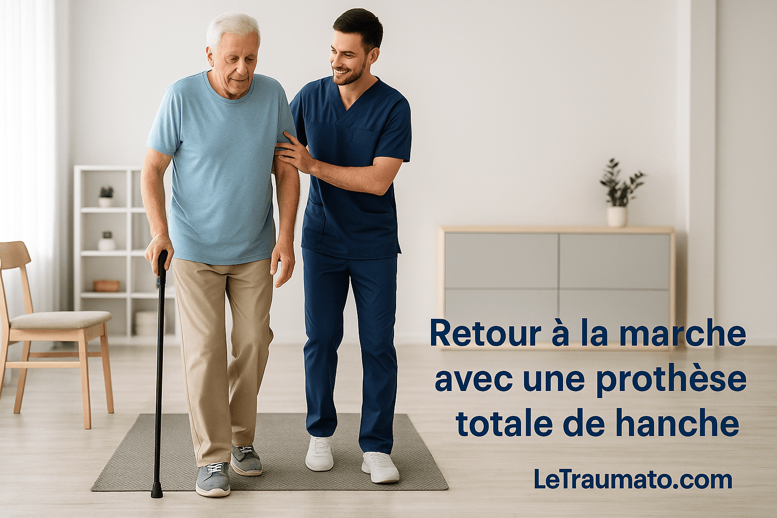 Patient avec prothèse totale de hanche marchant avec une canne accompagné par un kinésithérapeute.