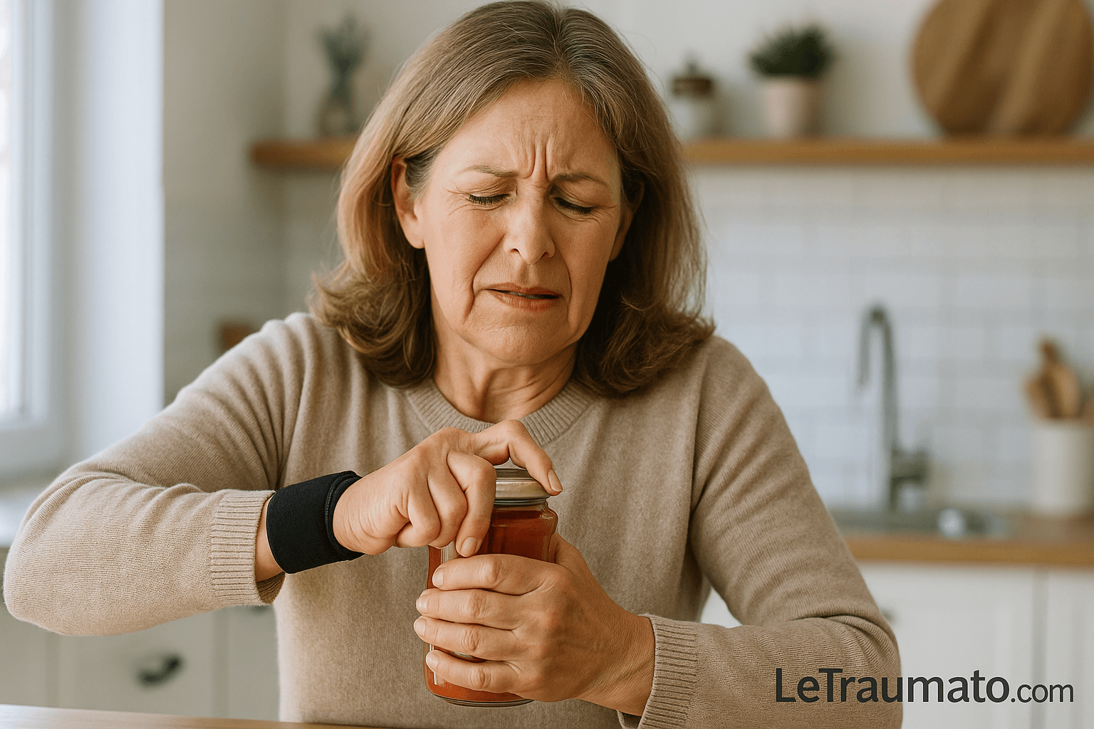 Femme souffrant de rhizarthrose essayant d’ouvrir un bocal