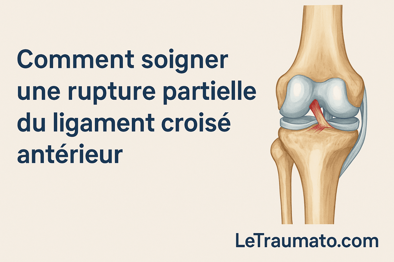 Schéma du genou montrant une rupture partielle du ligament croisé antérieur, avec le titre de l’article.