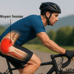 Schéma d’un cycliste en action illustrant l’inflammation du moyen fessier, muscle responsable de douleurs de hanche, avec annotation anatomique – LeTraumato.com