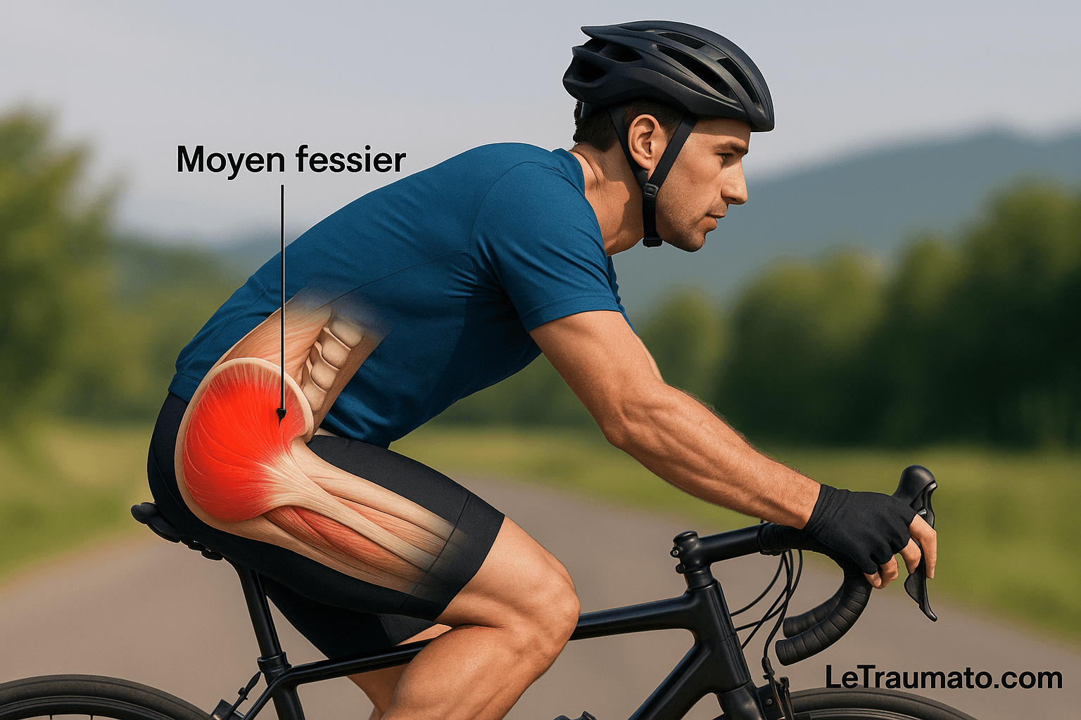 Schéma d’un cycliste en action illustrant l’inflammation du moyen fessier, muscle responsable de douleurs de hanche, avec annotation anatomique – LeTraumato.com
