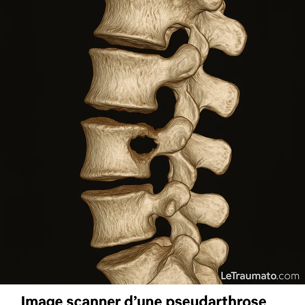 Scanner montrant une pseudarthrose après arthrodèse rachidienne.