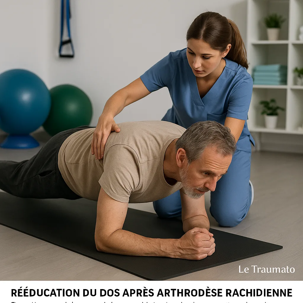 Séance de kinésithérapie spécialisée avec un patient opérée du rachis effectuant des exercices de gainage.