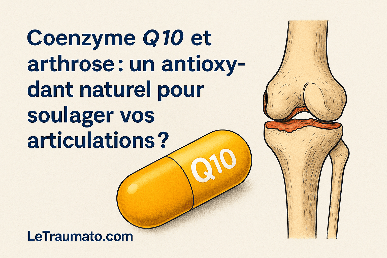 Capsule de coenzyme Q10 posée à côté d’une articulation du genou atteinte d’arthrose, avec le titre Coenzyme Q10 et arthrose en en-tête – illustration Traumatologie.