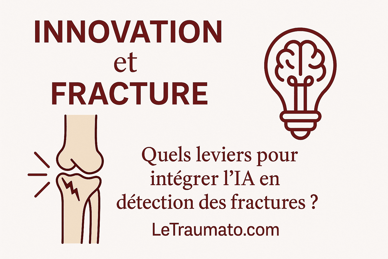 Infographie illustrant l’intégration de l’intelligence artificielle dans la détection des fractures en orthopédie. L’image présente une fracture stylisée de genou à gauche, une ampoule avec cerveau à droite, et un texte en rouge foncé posant la question : "Quels leviers pour intégrer l’IA en détection des fractures ?" avec le nom du site LeTraumato.com en bas. Design minimaliste sur fond beige, format horizontal.