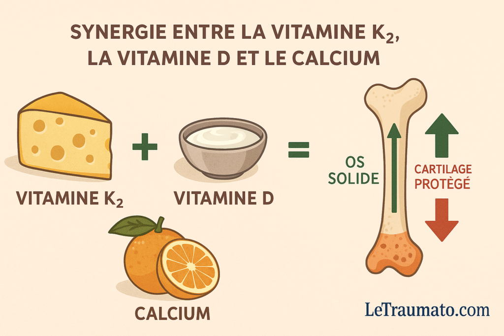 Infographie montrant la synergie entre vitamine K2, vitamine D et calcium pour la solidité osseuse et la protection du cartilage – par LeTraumato.com