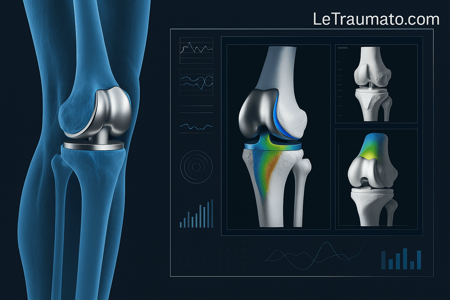 Représentation d’un Digital Twin du genou montrant une prothèse totale avec simulation biomécanique en chirurgie prothétique du genou