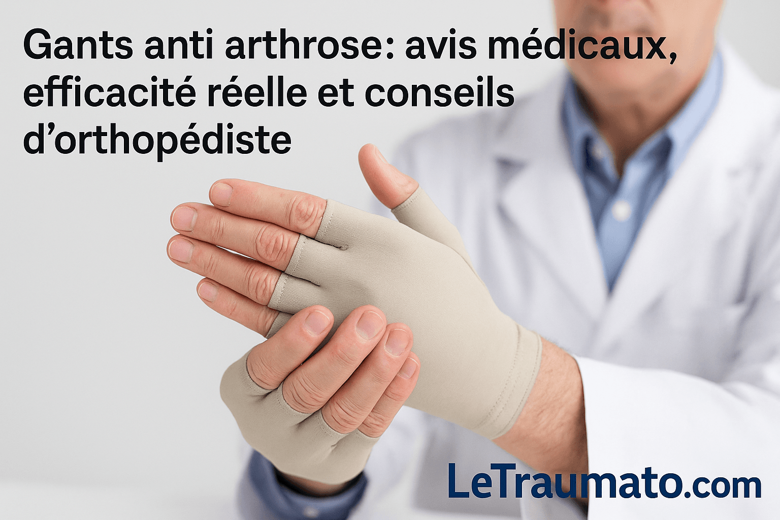 Gants anti arthrose portés sur des mains arthrosiques, sous la supervision d’un orthopédiste – LeTraumato