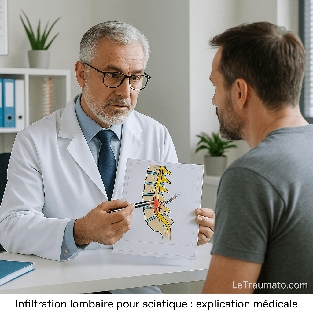 Orthopédiste expliquant une infiltration pour sciatique à un patient – LeTraumato.com