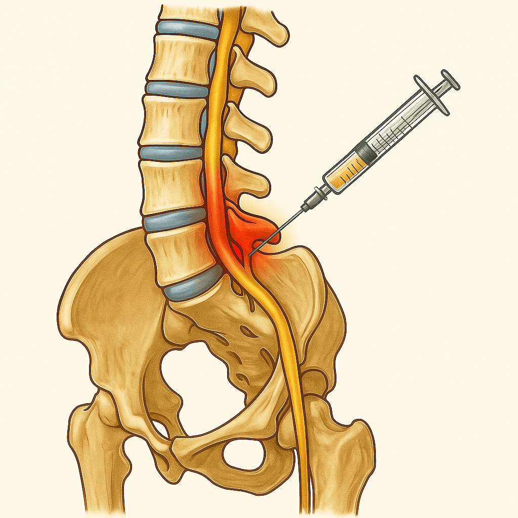 Illustration médicale d’une infiltration lombaire ciblant une inflammation du nerf sciatique – LeTraumato.com